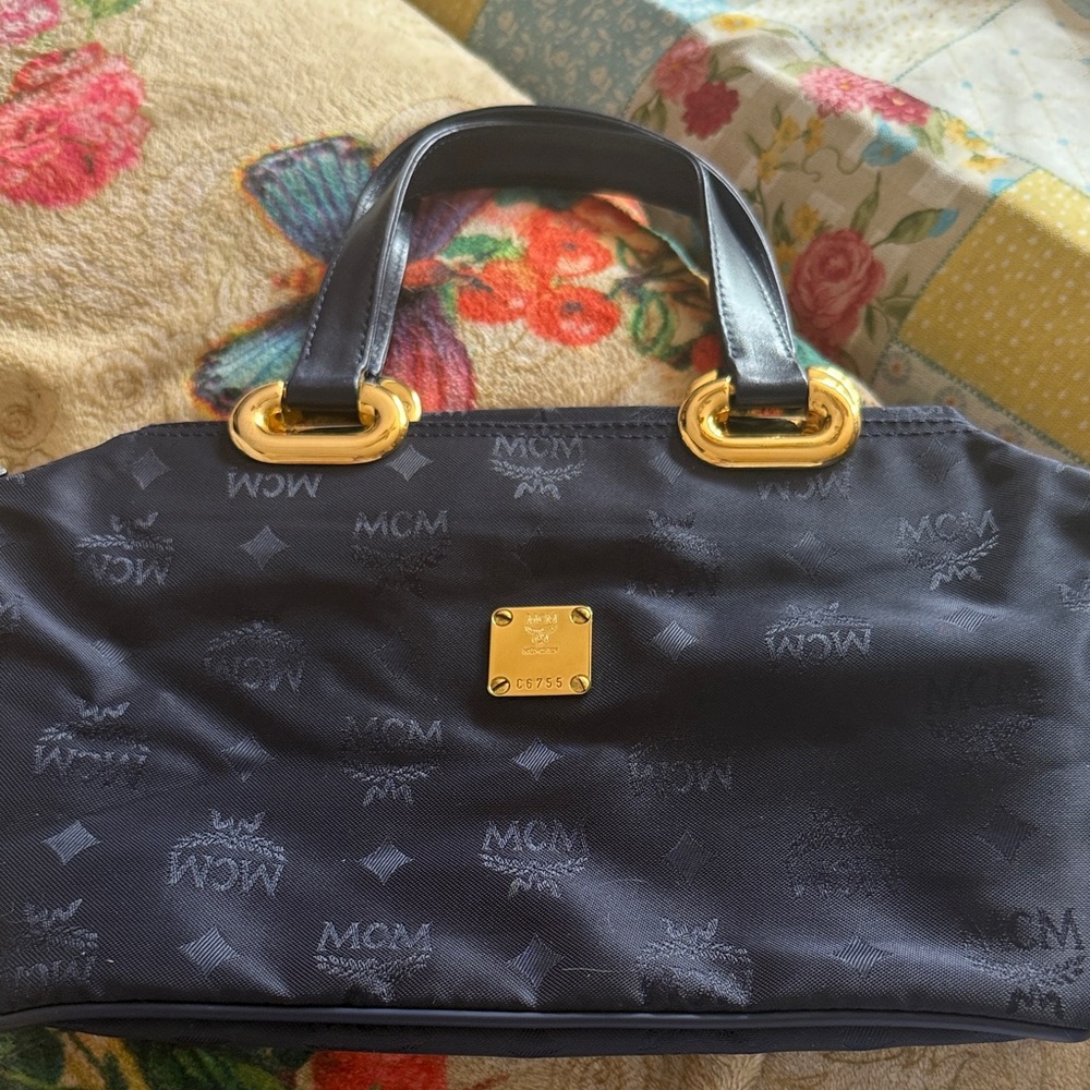 MCM Visetos Logogram blue Small Tote Bag with Gold Accents